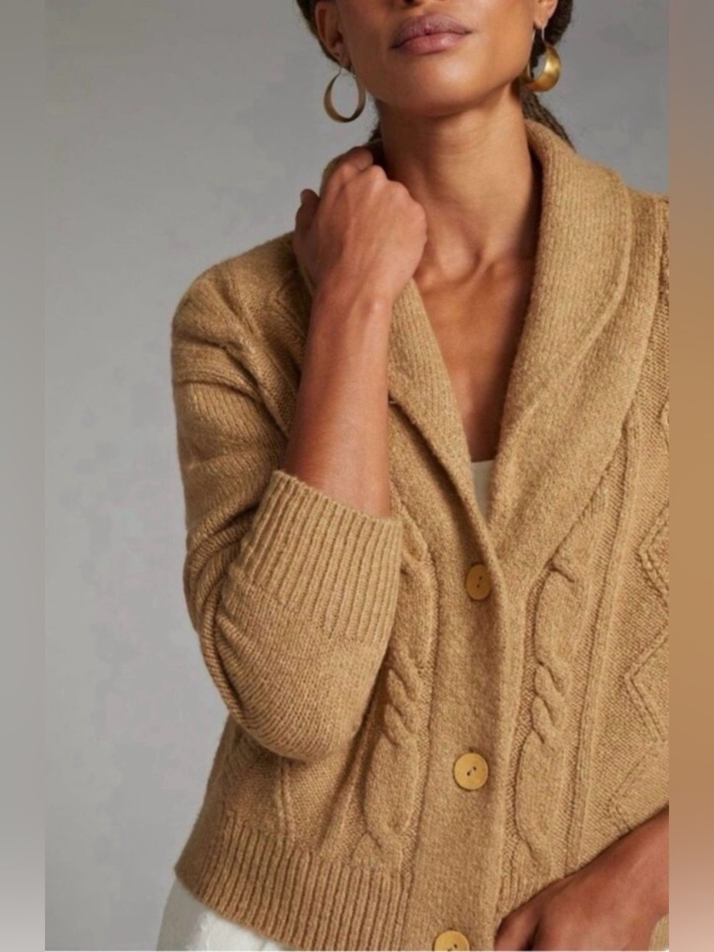 Pilcro x Anthropologie Tan Cropped & Collared Cable Knit Cardigan Size Large